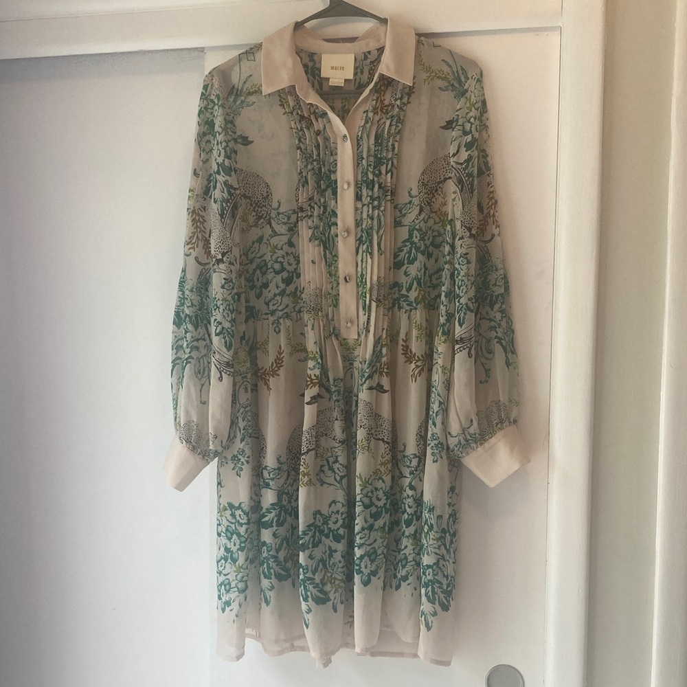 Maeve Ria Drop Waist Shirt Dress with Green and Cream Design